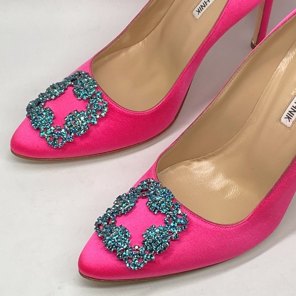 Authentic Manolo Blahnik Pink Heels — blue crystal buckle - limited!